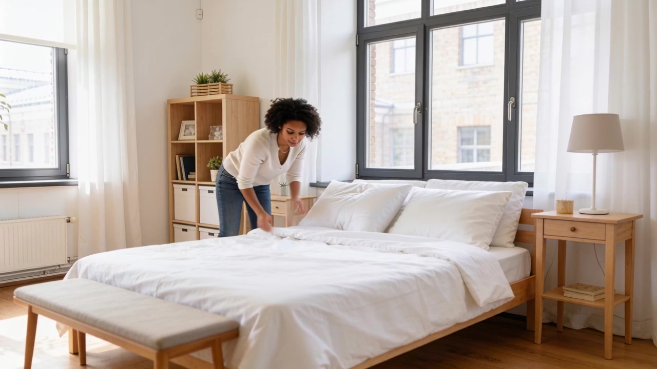 Entering bedroom, woman in longsleeve top blue jeans adjusting pillows, smoothing duvet tidying bed