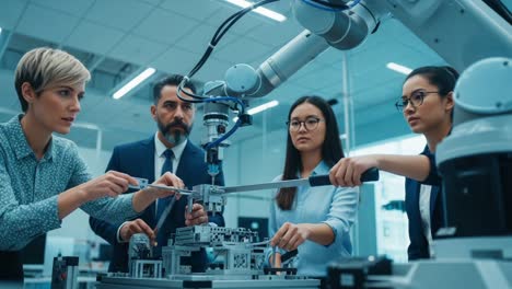 collaborative engineering team working with advanced robotics and precision tools in a modern technology lab environment