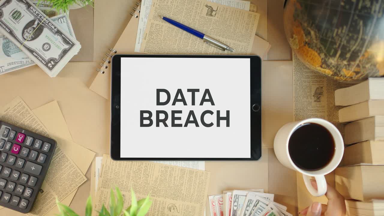 violación de datos que se muestra en la pantalla de la tableta financiera