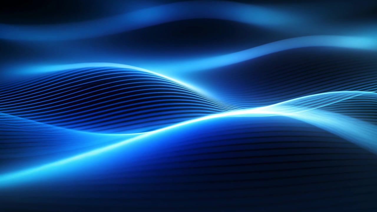 Animating blue ribbon waves shifting across deep black field forming ripples, creating depth