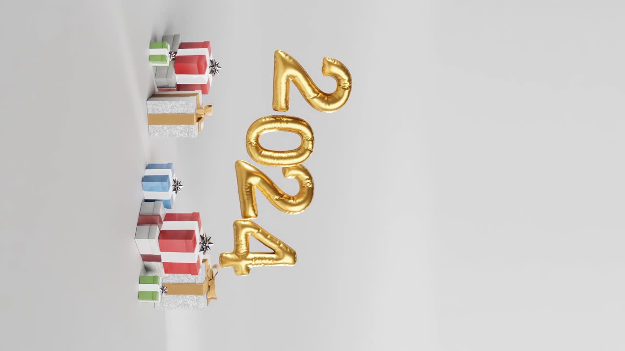 celebrando 2024 con globos dorados y regalos sobre fondo blanco vertical