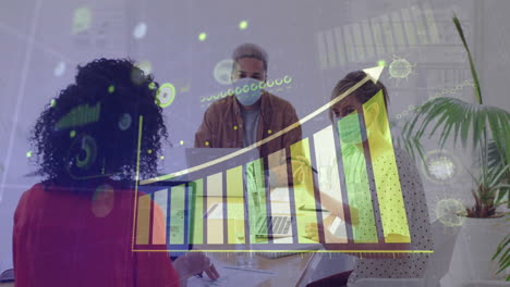 animatie van statistieken met collega's die op kantoor werken en gezichtsmaskers dragen