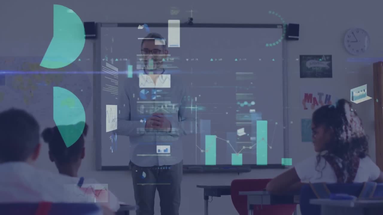 Animation of graphs and data over caucasian male teacher and class of diverse pupils