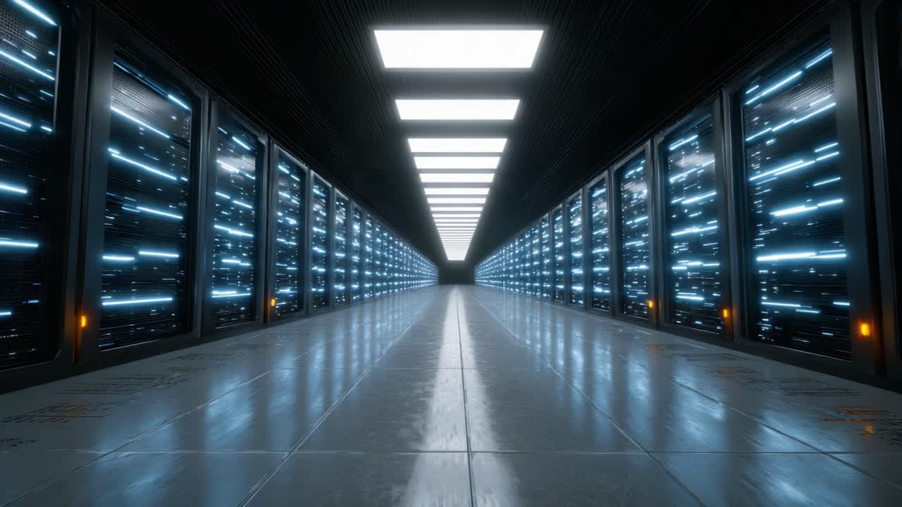 Et kig ind i en futuristisk datacenterskorridor: Rækker af skinnende servere oplyser stien med en højteknologisk atmosfære