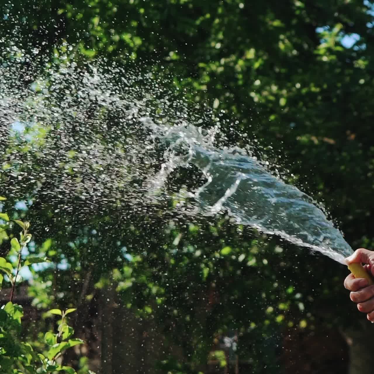 Pure running water flows out of the rubber hose when watering the lawn. Slow motion.