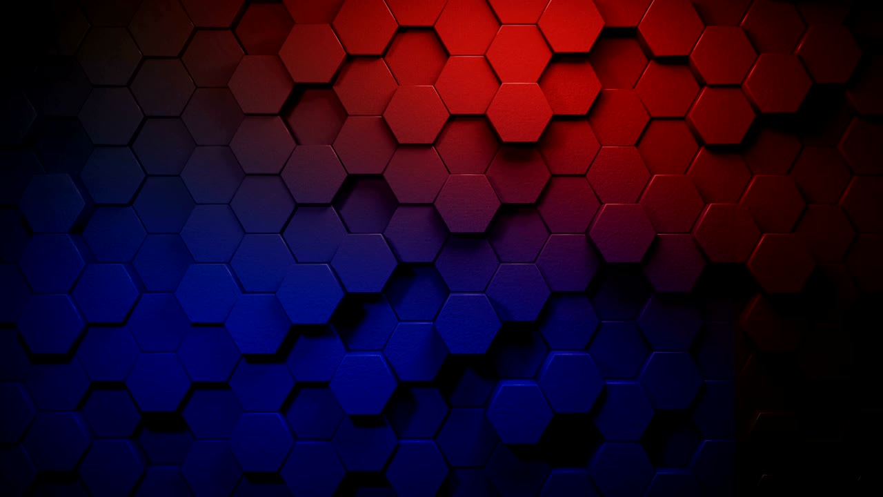hermoso gradiente de color rojo a azul hexágonos en la superficie morphing con una fuerte iluminación en animación 3d sin costuras, diseño de movimiento abstracto fondo video 4k
