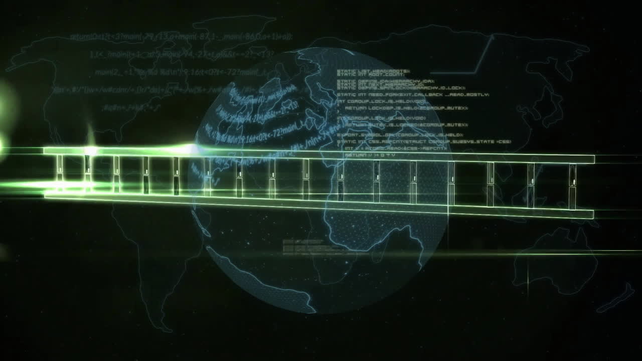Digital data streams and coding animation over rotating globe and world map