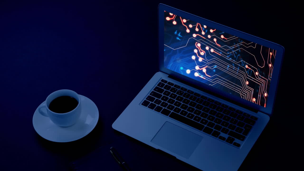 Animation of digital data processing over laptop computer screen