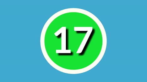 number 17 seventeen sign symbol animation motion graphics on green circle blue background,4k cartoon video number for video elements