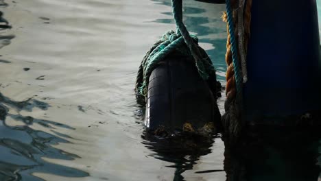 primer plano del neumático atado como boya de guardabarros para la protección del barco amarrado