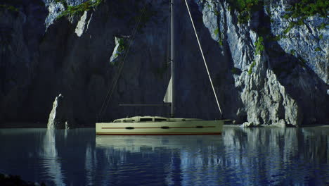 sailing vessel anchored peacefully in a serene bay surrounded by cliffs