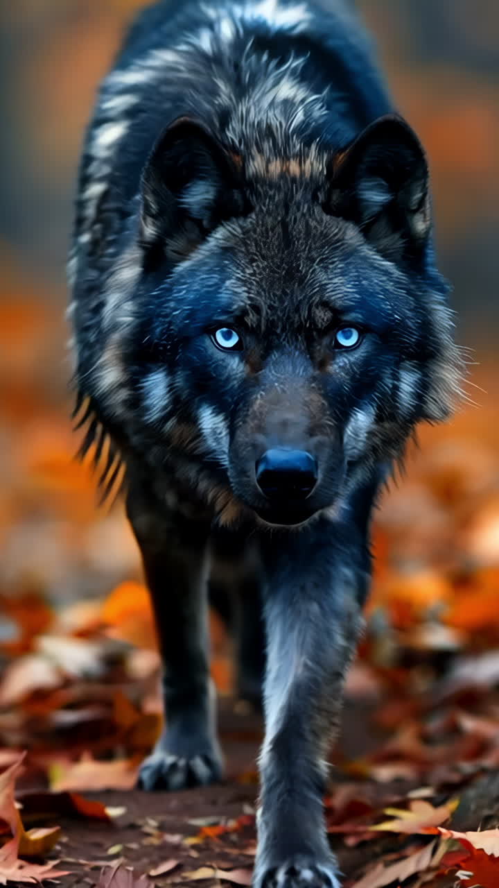 Majestic Gray Wolf Walking Through Colorful Autumn Forest. A gray wolf with striking blue eyes walks gracefully among fallen leaves in a vibrant autumn forest. Vertical video