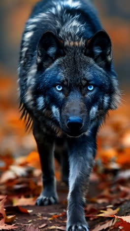 majestic gray wolf walking through colorful autumn forest. a gray wolf with striking blue eyes walks gracefully among fallen leaves in a vibrant autumn forest. vertical video