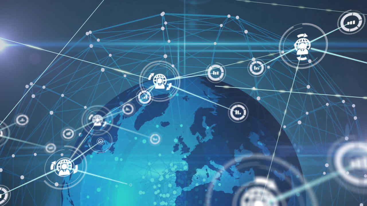 Global network of connections and data processing animation over digital earth