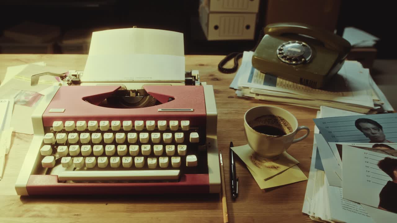 Desk of Police Officer with Typewriter, Coffee Cup and Documents