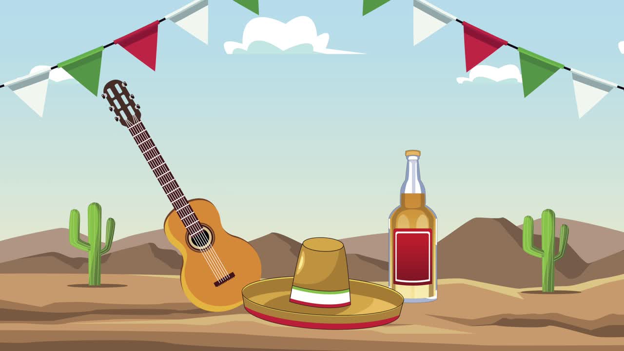 celebración mexicana con guitarra y sombrero mariachi