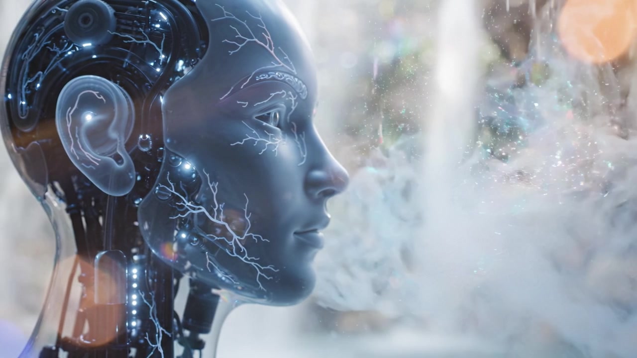 Un robot umanoide futuristico con circuiti luminosi sta immobile in un sereno paesaggio naturale, riflettendo tecnologia avanzata sullo sfondo tranquillo di una cascata