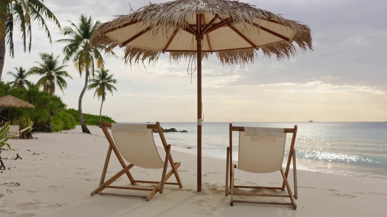 Sdraio in legno vuote sotto una palapa in spiaggia, con la luce del sole che si sposta e la brezza che crea riflessi.