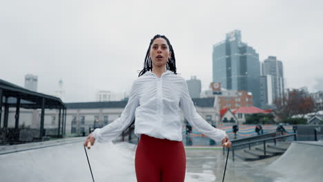 Woman,-fitness-and-skipping-rope-in-city