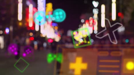 Animation-of-diverse-neon-shapes-moving-over-blurred-night-cityscape