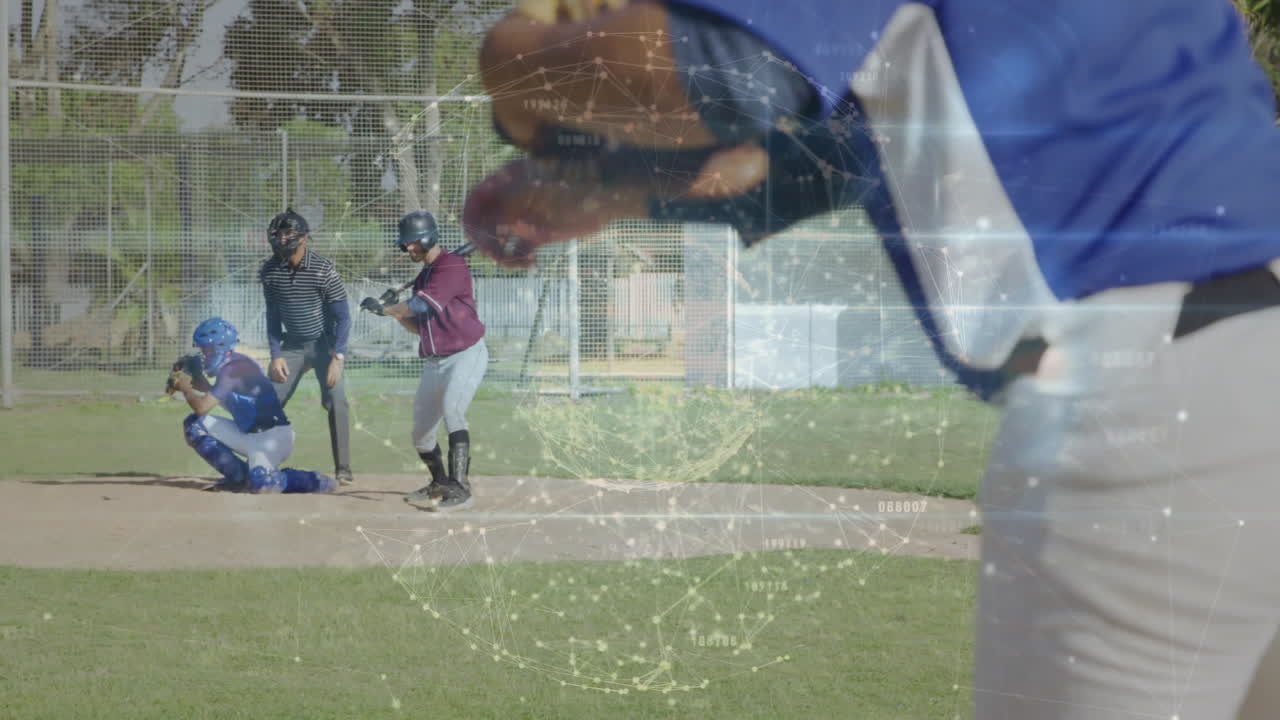 Baseball players in action with digital network animation overlaying scene