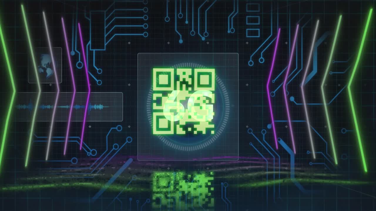 Animation of qr code and computer circuit board over 6g text on black background