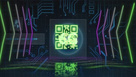 Animation-of-qr-code-and-computer-circuit-board-over-6g-text-on-black-background