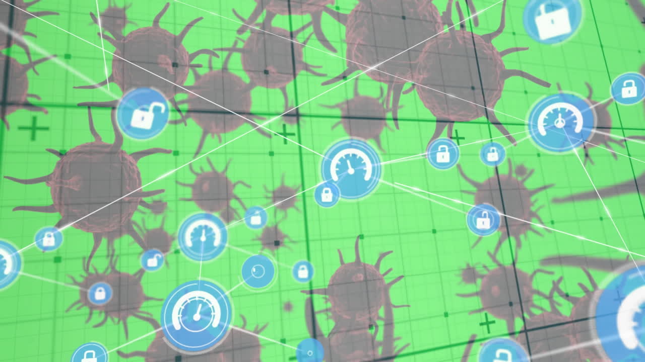 red de iconos digitales sobre red de rejilla contra múltiples células de covid-19 en fondo verde