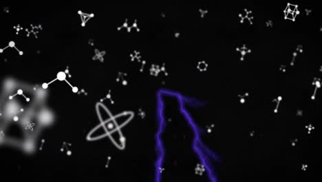 animación de corrientes eléctricas púrpuras brillantes sobre estructuras moleculares blancas sobre un fondo negro