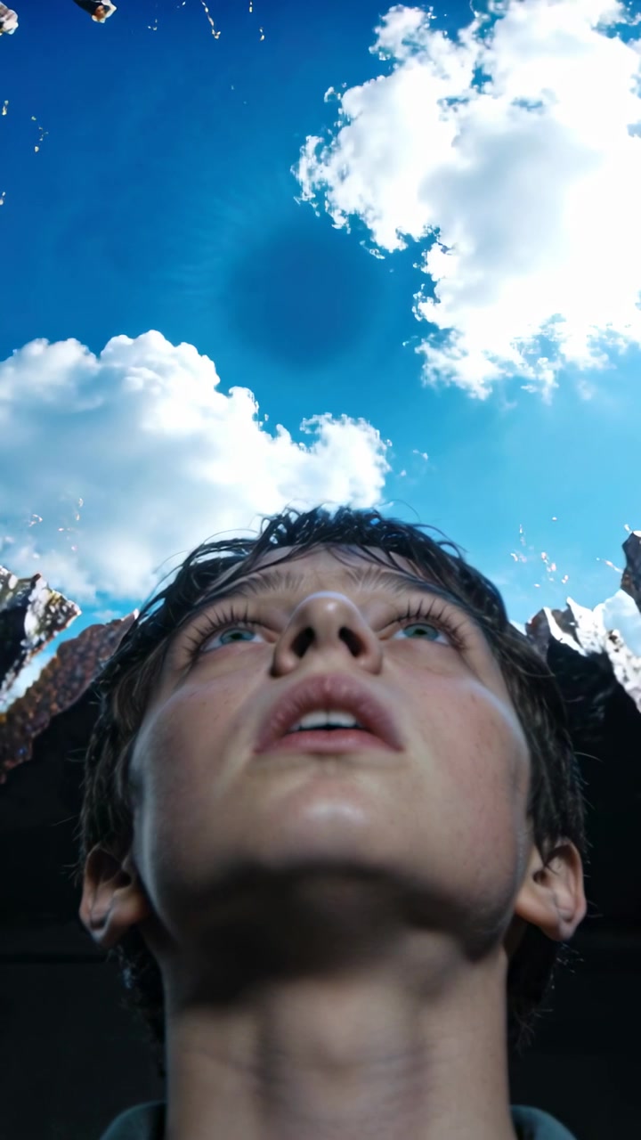 Video vertical: Adolescente observando el cielo azul, inclinando la cabeza hacia arriba en un pozo estrecho con borde irregular
