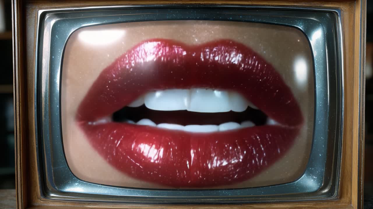 Un primo piano di labbra rosse voluttuose visualizzato su uno schermo televisivo vecchio stile, che fonde estetica retrò con concetti di bellezza moderni in una presentazione artistica.
