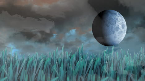 vista de un hermoso paisaje con hierba, luna y nubes en el cielo