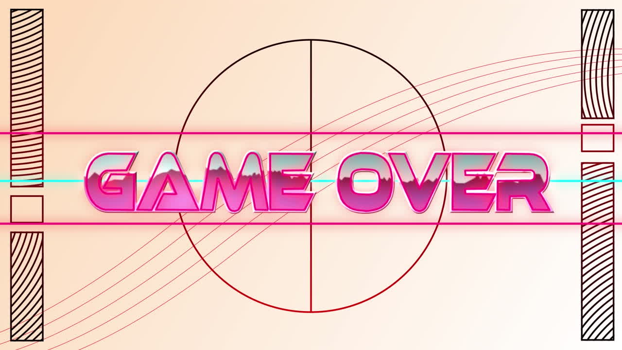 Animation of game over text over geometrical shapes on white background