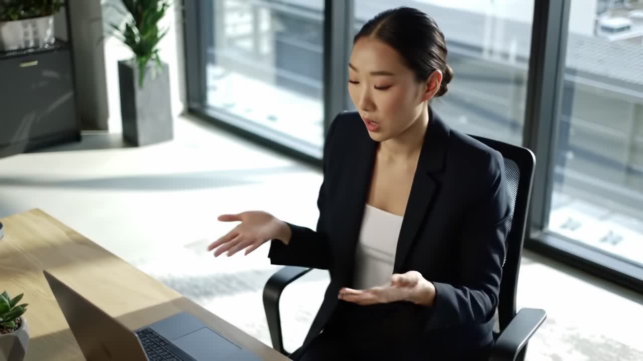 A Professional Setting: Engaging Woman in Business Attire Gesturing During a Virtual Meeting with Laptop in Modern Office Environment