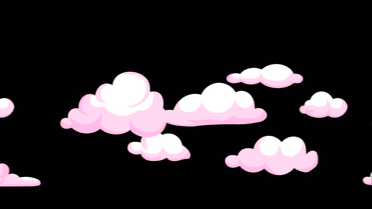 animación nubes rosadas esponjosas que se mueven de izquierda a derecha sobre un fondo negro