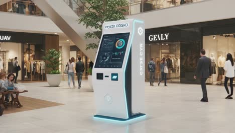 modern cryptocurrency kiosk: a cutting-edge coin exchange terminal in a stylish mall setting, showcasing user-friendly interface and innovative technology for digital transactions
