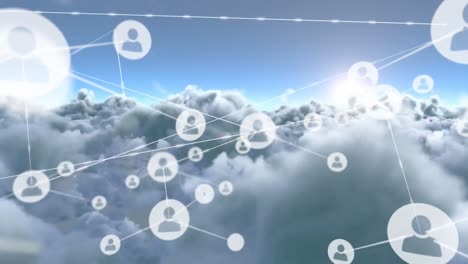 Animation-of-networks-of-connections-with-icons-over-clouds-and-sky