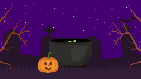 halloween dark scene with pumpkin and candies in cauldron