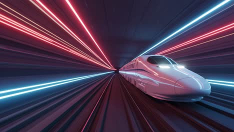 a captivating journey at high speed: a futuristic train zooming through a vibrant tunnel of colorful lights and dynamic motion