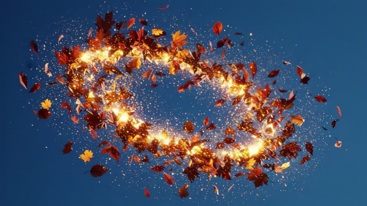 A mesmerizing display of autumn leaves swirling through the air, illuminated by golden sparks, creating an enchanting halo against a clear blue sky