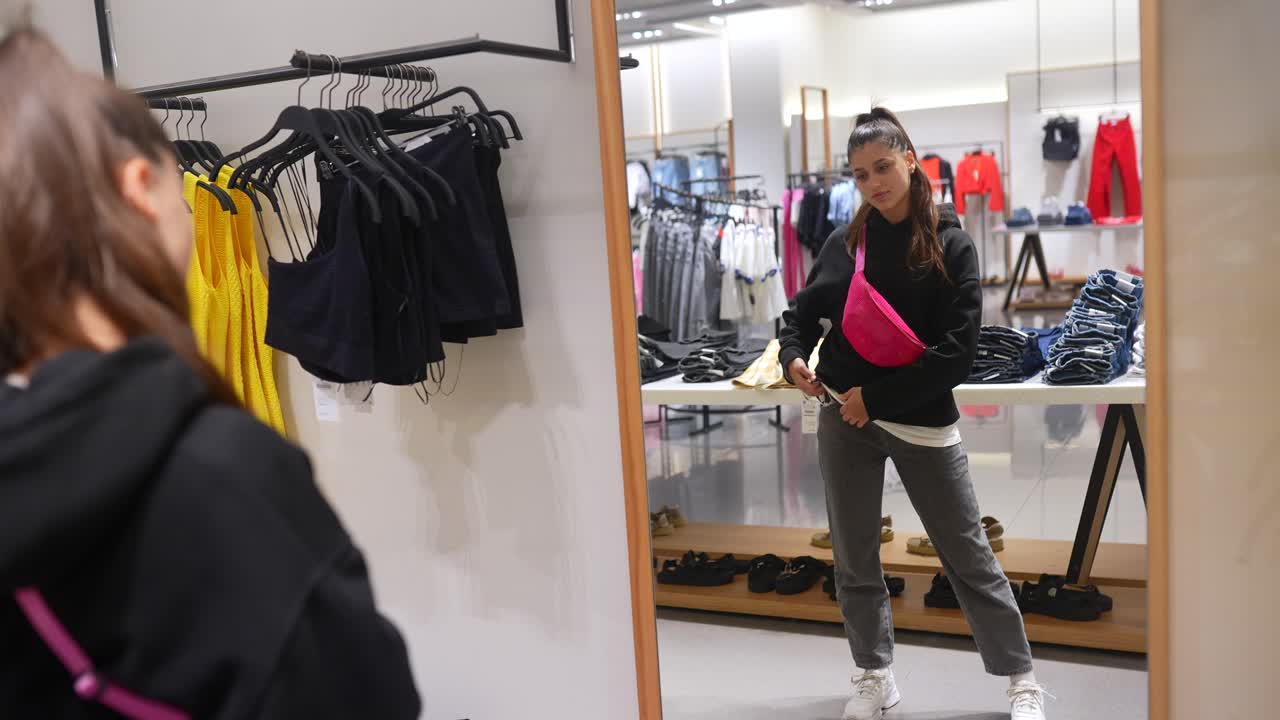 여성이 패션 가게에서 옷을 입고 있다