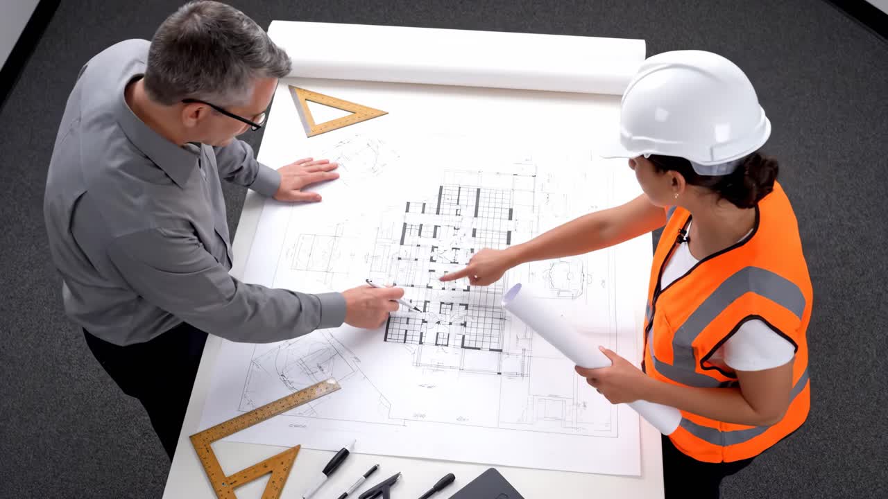 Architects Collaborating on Building Blueprint