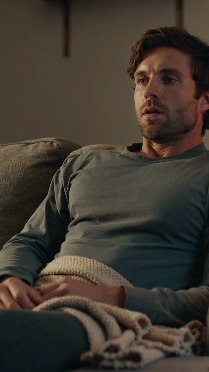 Vertical video: Waking, man sitting up on sofa with knitted throw, watching off-screen movement
