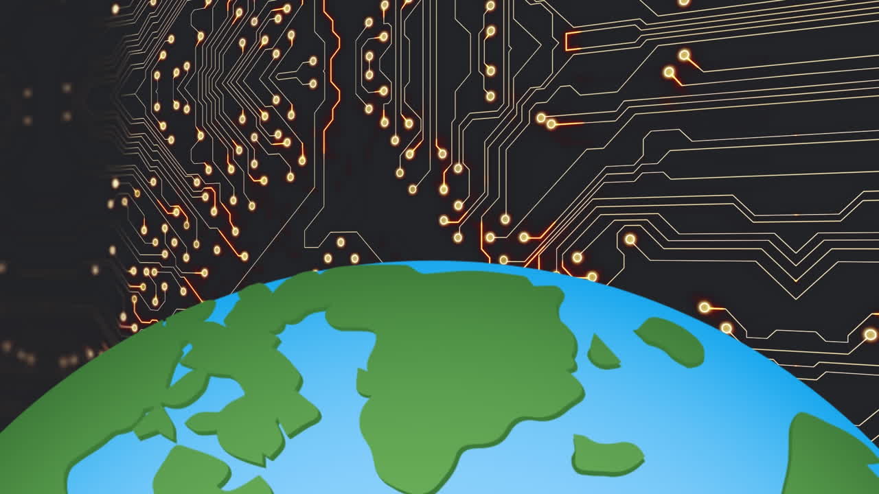 Animation of globe over computer circuit board on black background