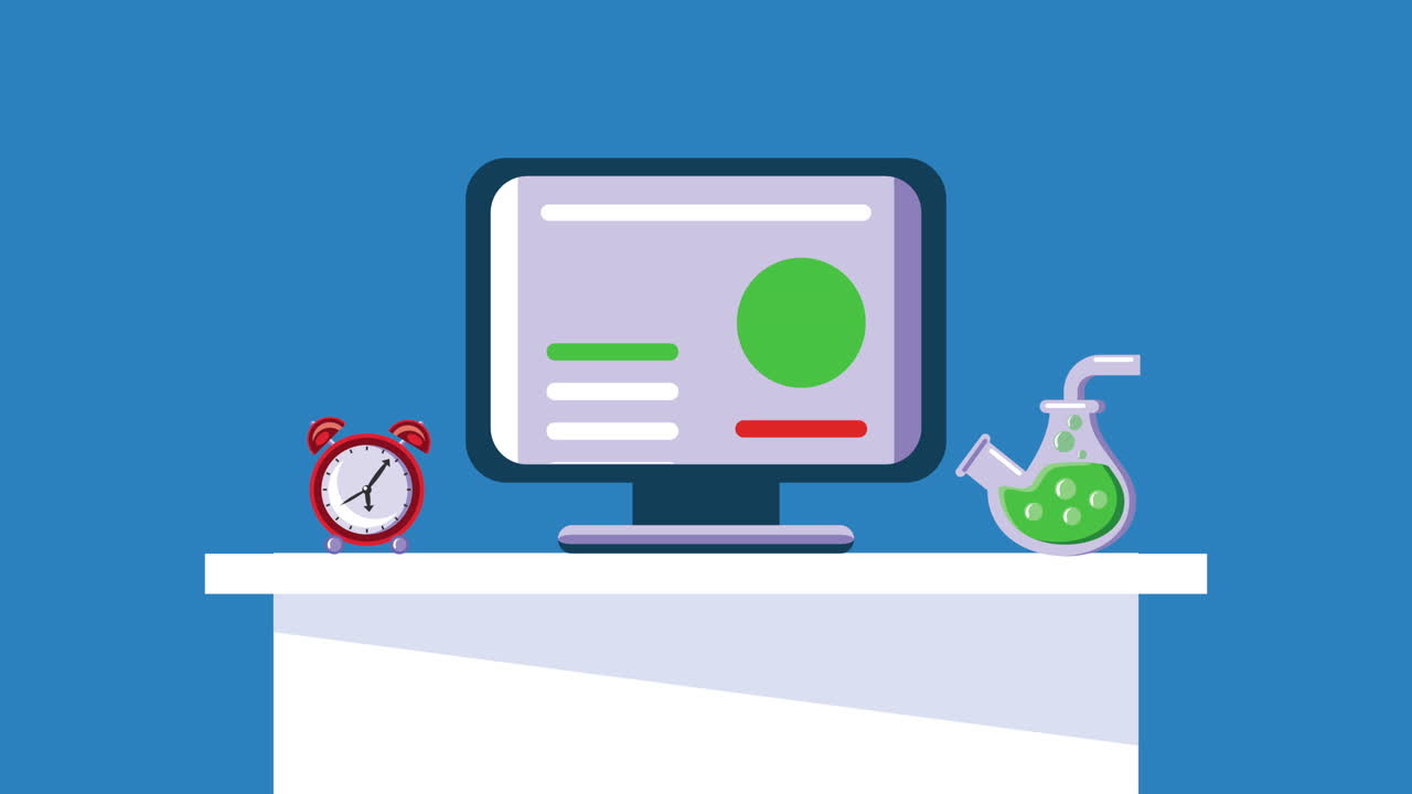 Modern Workspace with Computer, Clock, and Lab Equipment