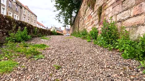 stone path with flowers and historic buildings