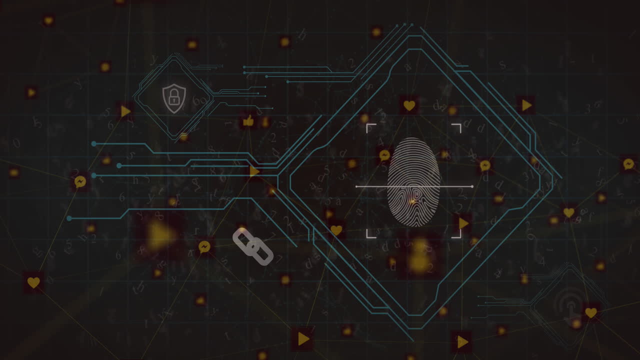 Cyber security digital interface against network of digital icons