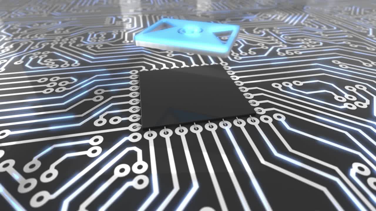 el concepto de la placa de circuitos rotativos de computadora de color azul oscuro bucle de correo electrónico 4k