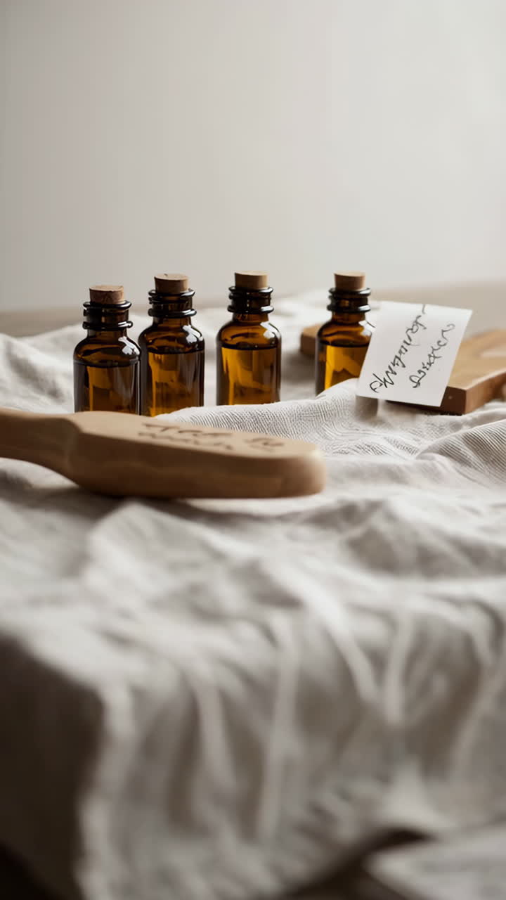 Essential Oils and Wooden Brush on a Cloth