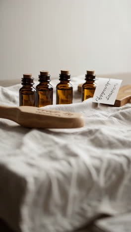 essential oils and wooden brush on a cloth